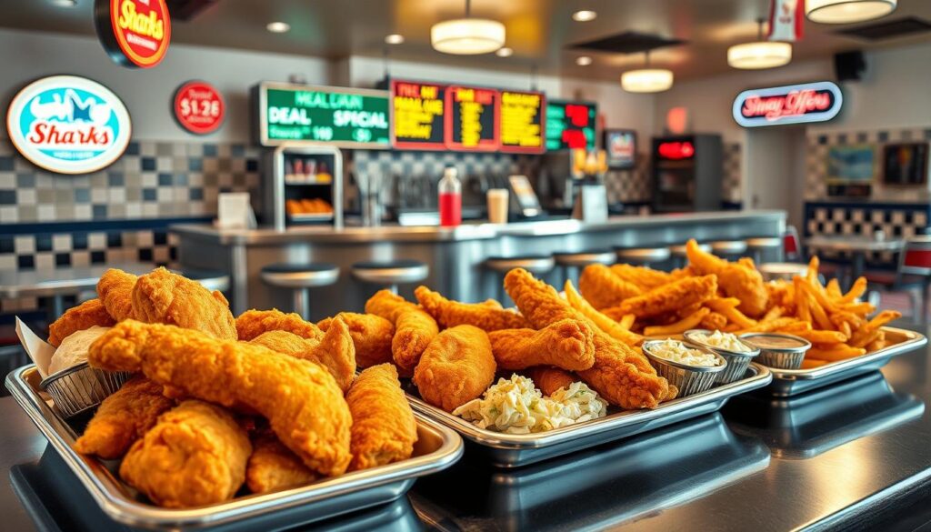 A well-lit diner scene showcasing an array of "Sharks Fish and Chicken Meal Deals" on display. In the foreground, three enticing meal trays feature crispy fried chicken, golden-fried fish fillets, and a variety of savory sides like coleslaw and fries, all arranged neatly on the tray. In the middle ground, the diner's countertop is adorned with retro-style signage and menu boards highlighting the "Meal Deals" and "Special Offers". The background features the diner's classic 1950s-inspired decor, with checkered tiles, chrome accents, and a vibrant, inviting atmosphere. The lighting is warm and natural, accentuating the mouthwatering details of the food. A well-lit diner scene showcasing an array of "Sharks Fish and Chicken Meal Deals" on display. In the foreground, three enticing meal trays feature crispy fried chicken, golden-fried fish fillets, and a variety of savory sides like coleslaw and fries, all arranged neatly on the tray. In the middle ground, the diner's countertop is adorned with retro-style signage and menu boards highlighting the "Meal Deals" and "Special Offers". The background features the diner's classic 1950s-inspired decor, with checkered tiles, chrome accents, and a vibrant, inviting atmosphere. The lighting is warm and natural, accentuating the mouthwatering details of the food.