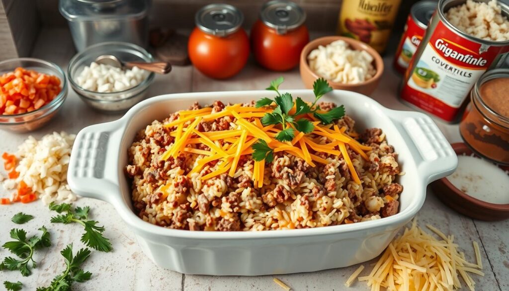 A well-lit kitchen counter with a ceramic baking dish in the center, filled with a creamy, cheesy casserole of ground beef, rice, and melted cheddar cheese. Garnished with fresh parsley sprigs, the casserole dish is surrounded by various preparation ingredients such as diced onions, minced garlic, canned tomatoes, and shredded cheese. The scene is captured from a slightly elevated angle, highlighting the layers of the casserole and the gooey, melted cheese on top. The lighting is warm and natural, casting a cozy, inviting atmosphere, as if the casserole has just been freshly baked. A well-lit kitchen counter with a ceramic baking dish in the center, filled with a creamy, cheesy casserole of ground beef, rice, and melted cheddar cheese. Garnished with fresh parsley sprigs, the casserole dish is surrounded by various preparation ingredients such as diced onions, minced garlic, canned tomatoes, and shredded cheese. The scene is captured from a slightly elevated angle, highlighting the layers of the casserole and the gooey, melted cheese on top. The lighting is warm and natural, casting a cozy, inviting atmosphere, as if the casserole has just been freshly baked.