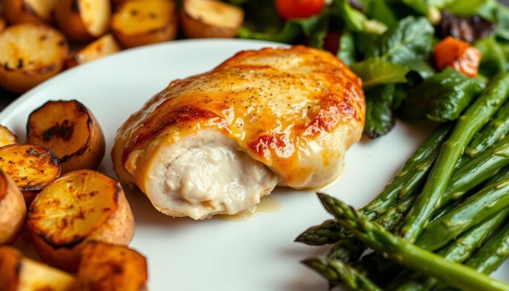 Chicken Cordon Bleu, golden-brown and glistening, rests on a white plate, flanked by a vibrant array of side dishes. Crisp, buttery roasted potatoes, their surfaces lightly charred, sit nearby. A fresh green salad, its leaves glistening with a light vinaigrette dressing, adds a pop of color. Tender steamed asparagus spears, their tips just beginning to char, complete the composition. Warm, soft lighting casts a cozy glow, highlighting the textures and colors of this delectable meal. The image evokes a sense of comfort, indulgence, and the perfect accompaniment to the featured Chicken Cordon Bleu recipe. Chicken Cordon Bleu, golden-brown and glistening, rests on a white plate, flanked by a vibrant array of side dishes. Crisp, buttery roasted potatoes, their surfaces lightly charred, sit nearby. A fresh green salad, its leaves glistening with a light vinaigrette dressing, adds a pop of color. Tender steamed asparagus spears, their tips just beginning to char, complete the composition. Warm, soft lighting casts a cozy glow, highlighting the textures and colors of this delectable meal. The image evokes a sense of comfort, indulgence, and the perfect accompaniment to the featured Chicken Cordon Bleu recipe.