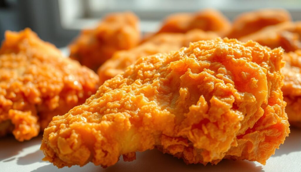 Crisp, golden-brown fried chicken, dripping with juicy perfection, captured in a close-up shot. The surface glistens under bright, natural lighting, revealing a delicate, flaky crust. The foreground showcases the intricate texture, with each ridge and crevice accentuated. In the middle ground, the chicken is arranged on a clean, minimal surface, allowing the focus to remain on the impeccable frying technique. The background is softly blurred, creating a sense of depth and emphasizing the star of the scene - the perfectly executed fried chicken. Crisp, golden-brown fried chicken, dripping with juicy perfection, captured in a close-up shot. The surface glistens under bright, natural lighting, revealing a delicate, flaky crust. The foreground showcases the intricate texture, with each ridge and crevice accentuated. In the middle ground, the chicken is arranged on a clean, minimal surface, allowing the focus to remain on the impeccable frying technique. The background is softly blurred, creating a sense of depth and emphasizing the star of the scene - the perfectly executed fried chicken.