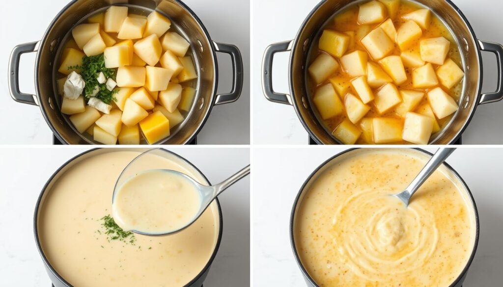 Detailed cooking steps of creamy potato soup with soft, tender potatoes, simmering in a rich, savory broth, captured in a series of evenly lit, front-facing shots. The steps unfold in a clean, bright kitchen setting, with crisp, high-resolution photography. The composition emphasizes the preparation process, showcasing each ingredient and technique with clarity and precision, creating a visually engaging and informative set of images to guide the viewer through the recipe. Detailed cooking steps of creamy potato soup with soft, tender potatoes, simmering in a rich, savory broth, captured in a series of evenly lit, front-facing shots. The steps unfold in a clean, bright kitchen setting, with crisp, high-resolution photography. The composition emphasizes the preparation process, showcasing each ingredient and technique with clarity and precision, creating a visually engaging and informative set of images to guide the viewer through the recipe.