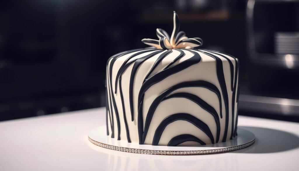 Detailed, high-quality image of a beautifully decorated zebra cake in a professional bakery setting. The cake has clean, sharp stripes in contrasting black and white, with a smooth, glossy finish. It is displayed on a pristine white surface, with a dramatic chiaroscuro lighting highlighting the elegant simplicity of the design. The background is slightly blurred, putting the focus squarely on the cake itself. The overall mood is one of refined sophistication and artful precision, capturing the essence of expert zebra cake decorating techniques. Detailed, high-quality image of a beautifully decorated zebra cake in a professional bakery setting. The cake has clean, sharp stripes in contrasting black and white, with a smooth, glossy finish. It is displayed on a pristine white surface, with a dramatic chiaroscuro lighting highlighting the elegant simplicity of the design. The background is slightly blurred, putting the focus squarely on the cake itself. The overall mood is one of refined sophistication and artful precision, capturing the essence of expert zebra cake decorating techniques.