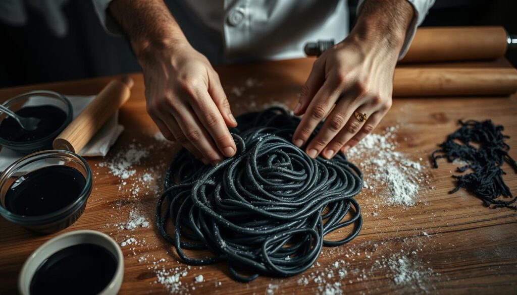 High-angle view of a chef's hands making fresh squid ink pasta on a wooden table, with a bowl of black squid ink, a rolling pin, and a pasta machine in the background. Dramatic low-key lighting illuminates the texture of the dough and the deep black color of the ink, creating a moody, atmospheric scene. The focus is on the technique of kneading and rolling the dough, showcasing the craftsmanship and care required to prepare this unique type of pasta. High-angle view of a chef's hands making fresh squid ink pasta on a wooden table, with a bowl of black squid ink, a rolling pin, and a pasta machine in the background. Dramatic low-key lighting illuminates the texture of the dough and the deep black color of the ink, creating a moody, atmospheric scene. The focus is on the technique of kneading and rolling the dough, showcasing the craftsmanship and care required to prepare this unique type of pasta.