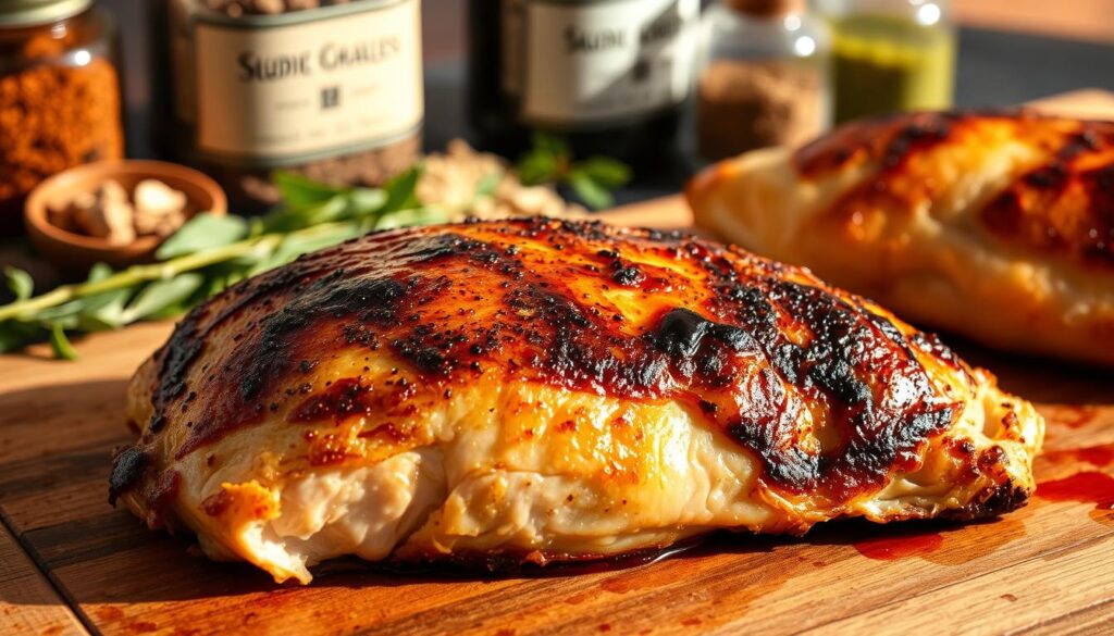 Juicy chicken breast cooking tips: A close-up shot of a perfectly seared chicken breast, golden-brown and glistening, resting on a wooden cutting board. The skin is crisp and the meat is tender, ready to be sliced and served. In the background, a selection of aromatic spices, herbs, and seasonings are artfully arranged, hinting at the flavorful preparation. The lighting is warm and natural, casting subtle shadows that accentuate the texture and form of the chicken. The overall mood is one of culinary expertise and mouthwatering anticipation, perfectly suited to illustrate a guide on achieving the perfect baked chicken breast. Juicy chicken breast cooking tips: A close-up shot of a perfectly seared chicken breast, golden-brown and glistening, resting on a wooden cutting board. The skin is crisp and the meat is tender, ready to be sliced and served. In the background, a selection of aromatic spices, herbs, and seasonings are artfully arranged, hinting at the flavorful preparation. The lighting is warm and natural, casting subtle shadows that accentuate the texture and form of the chicken. The overall mood is one of culinary expertise and mouthwatering anticipation, perfectly suited to illustrate a guide on achieving the perfect baked chicken breast.