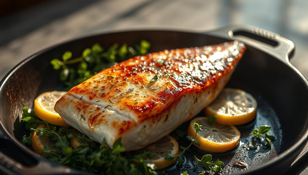 Searing swordfish fillet on a cast-iron skillet, sizzling and caramelized, glistening under soft, warm lighting. The fish sits atop a bed of fresh, vibrant herbs and lemon slices, casting dynamic shadows across the frame. The background is blurred, placing the cooking process in sharp focus, inviting the viewer to imagine the aroma and texture of the perfectly cooked swordfish. The image conveys a sense of culinary mastery and the simple, yet elegant, approach to preparing this delectable seafood. Searing swordfish fillet on a cast-iron skillet, sizzling and caramelized, glistening under soft, warm lighting. The fish sits atop a bed of fresh, vibrant herbs and lemon slices, casting dynamic shadows across the frame. The background is blurred, placing the cooking process in sharp focus, inviting the viewer to imagine the aroma and texture of the perfectly cooked swordfish. The image conveys a sense of culinary mastery and the simple, yet elegant, approach to preparing this delectable seafood.