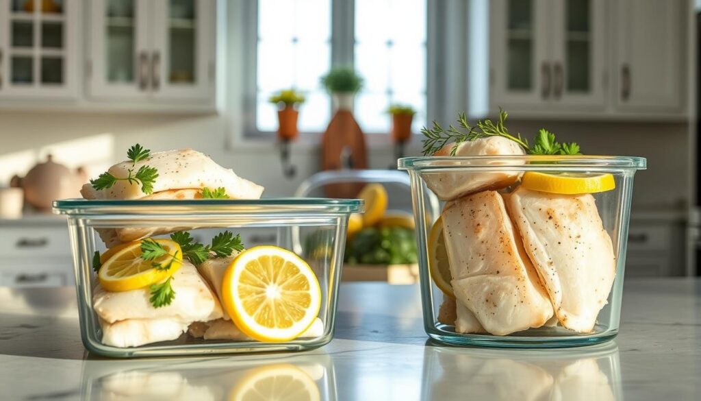 Tilapia Leftovers Storage Tips: A neatly organized countertop scene with transparent glass containers filled with cooked tilapia fillets, garnished with fresh herbs and lemon slices. Soft natural lighting from a window highlights the flaky texture of the fish. The containers are labeled with clear date markings, conveying food safety and proper storage practices. In the background, a minimalist kitchen interior with clean white cabinets and simple wooden accents provides a calming, domestic atmosphere. The overall composition emphasizes the importance of storing leftover tilapia correctly to preserve its freshness and flavor. Tilapia Leftovers Storage Tips: A neatly organized countertop scene with transparent glass containers filled with cooked tilapia fillets, garnished with fresh herbs and lemon slices. Soft natural lighting from a window highlights the flaky texture of the fish. The containers are labeled with clear date markings, conveying food safety and proper storage practices. In the background, a minimalist kitchen interior with clean white cabinets and simple wooden accents provides a calming, domestic atmosphere. The overall composition emphasizes the importance of storing leftover tilapia correctly to preserve its freshness and flavor.