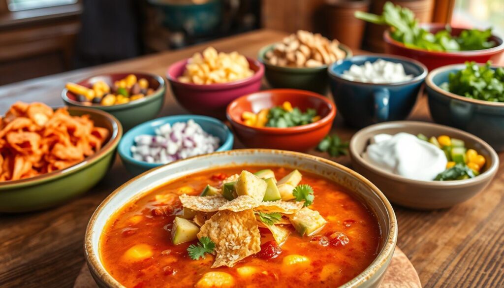 Vibrant and appetizing scene of various tortilla soup variations, showcased against a rustic backdrop. In the foreground, a steaming bowl of rich, tomatoey soup, garnished with crisp tortilla strips, diced avocado, and a generous sprinkle of shredded cheese. Surrounding it, an array of colorful bowls and plates holding different ingredients - shredded chicken, roasted corn, diced onions, fresh cilantro, and a dollop of tangy sour cream. The middle ground features a wooden table with a textured surface, while the background hints at a cozy kitchen setting with warm, natural lighting filtering through the windows. The overall atmosphere evokes a comforting, homemade vibe, inviting the viewer to explore the endless flavor possibilities of this versatile dish. Vibrant and appetizing scene of various tortilla soup variations, showcased against a rustic backdrop. In the foreground, a steaming bowl of rich, tomatoey soup, garnished with crisp tortilla strips, diced avocado, and a generous sprinkle of shredded cheese. Surrounding it, an array of colorful bowls and plates holding different ingredients - shredded chicken, roasted corn, diced onions, fresh cilantro, and a dollop of tangy sour cream. The middle ground features a wooden table with a textured surface, while the background hints at a cozy kitchen setting with warm, natural lighting filtering through the windows. The overall atmosphere evokes a comforting, homemade vibe, inviting the viewer to explore the endless flavor possibilities of this versatile dish.