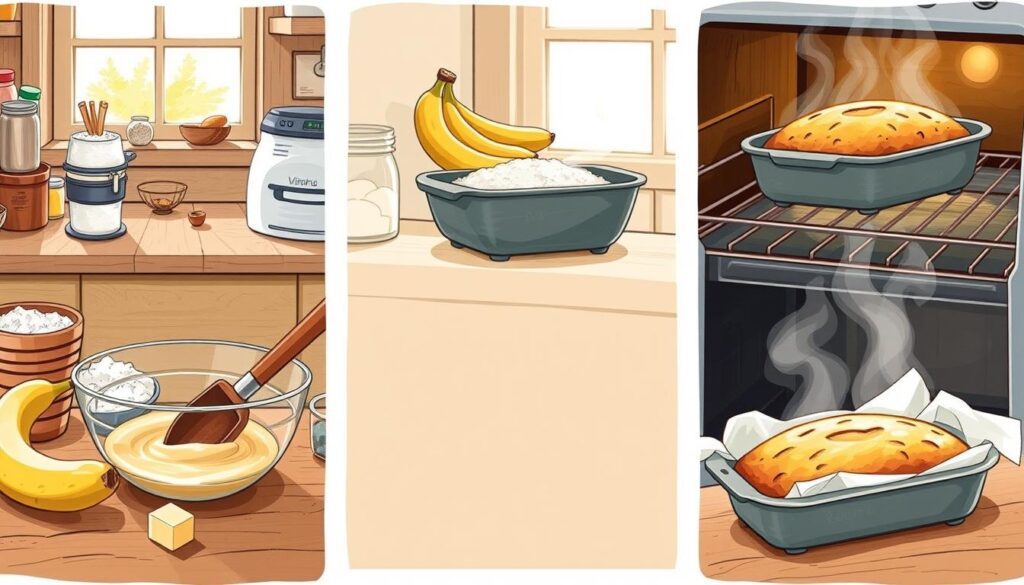 a detailed, step-by-step illustration of the baking process for a 4 ingredient banana bread, showcasing the key stages from mixing the ingredients to the final baked loaf, captured in a warm, inviting kitchen setting with natural lighting and a rustic, homey atmosphere. The foreground features the mixing bowl with the banana bread batter, a wooden spoon, and an assortment of the key ingredients like ripe bananas, flour, sugar, and butter. The middle ground shows the bread being carefully placed into a baking pan and then the oven, while the background depicts the finished loaf being removed from the oven, steaming hot and golden brown. The overall mood is one of simple, effortless baking and the satisfaction of creating a homemade treat. a detailed, step-by-step illustration of the baking process for a 4 ingredient banana bread, showcasing the key stages from mixing the ingredients to the final baked loaf, captured in a warm, inviting kitchen setting with natural lighting and a rustic, homey atmosphere. The foreground features the mixing bowl with the banana bread batter, a wooden spoon, and an assortment of the key ingredients like ripe bananas, flour, sugar, and butter. The middle ground shows the bread being carefully placed into a baking pan and then the oven, while the background depicts the finished loaf being removed from the oven, steaming hot and golden brown. The overall mood is one of simple, effortless baking and the satisfaction of creating a homemade treat.