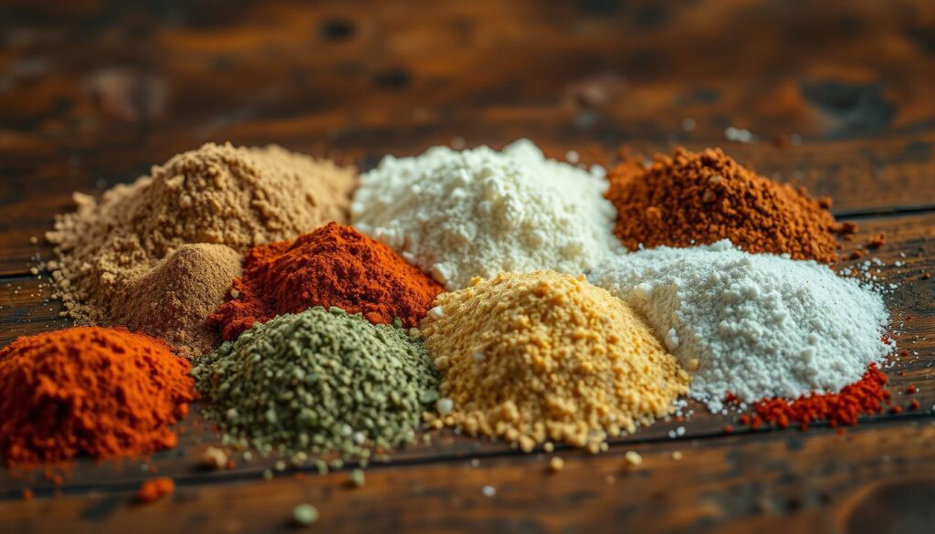 A close-up, high-resolution photograph of an assortment of taco seasoning spices arranged on a rustic wooden surface. The spices include ground cumin, chili powder, garlic powder, onion powder, oregano, paprika, and cayenne pepper, each in neat piles. The lighting is warm and natural, casting gentle shadows and highlighting the vibrant colors and textures of the spices. The image has a shallow depth of field, keeping the spices in focus while blurring the background to create a sense of depth and emphasis on the subject. The overall mood is inviting, highlighting the essential role these flavorful seasonings play in building the rich, aromatic profile of homemade taco dishes. A close-up, high-resolution photograph of an assortment of taco seasoning spices arranged on a rustic wooden surface. The spices include ground cumin, chili powder, garlic powder, onion powder, oregano, paprika, and cayenne pepper, each in neat piles. The lighting is warm and natural, casting gentle shadows and highlighting the vibrant colors and textures of the spices. The image has a shallow depth of field, keeping the spices in focus while blurring the background to create a sense of depth and emphasis on the subject. The overall mood is inviting, highlighting the essential role these flavorful seasonings play in building the rich, aromatic profile of homemade taco dishes.