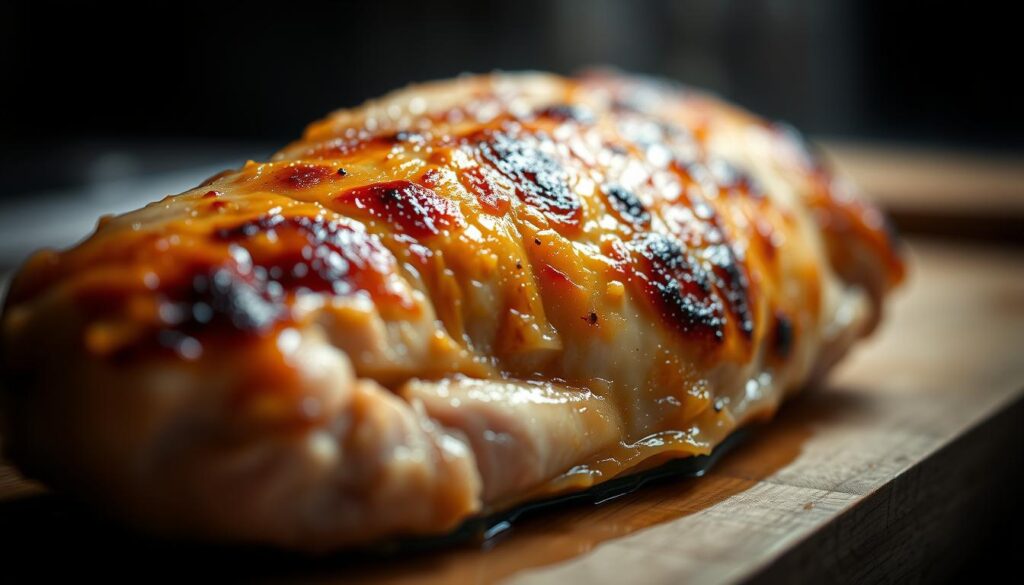 A close-up view of a perfectly cooked chicken breast, glistening with a golden-brown sear on the surface. The meat is juicy and tender, with a succulent appearance that invites the viewer to take a bite. Soft, ambient lighting illuminates the scene, casting gentle shadows and highlighting the delicate texture of the chicken. The composition places the chicken breast in the foreground, with a blurred, out-of-focus background that suggests a simple, uncluttered kitchen setting. The overall mood is one of appetizing simplicity, showcasing the key techniques for achieving moist, flavorful chicken.