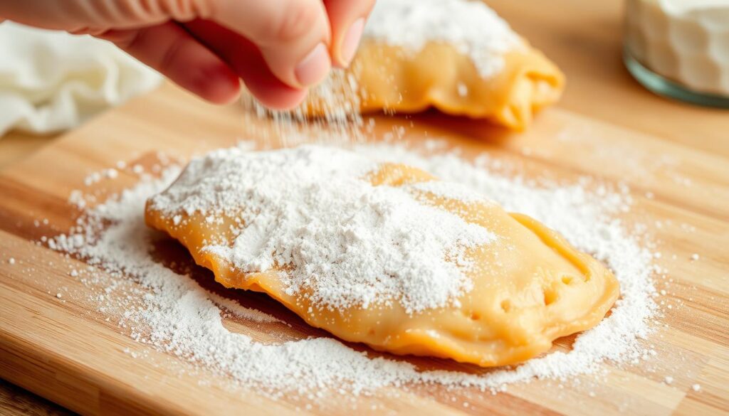 A crisp, golden-brown chicken breast rests on a wooden cutting board, its surface coated in a delicate layer of all-purpose flour. Soft white light falls from above, casting subtle shadows that accentuate the tender texture of the meat. In the foreground, a chef's hand carefully sprinkles the flour, creating a seamless, even coating. The background is blurred, creating a sense of focus on the preparation process. The overall scene conveys a warm, homemade atmosphere, perfectly capturing the essence of "How to Make Smothered Chicken Breast".