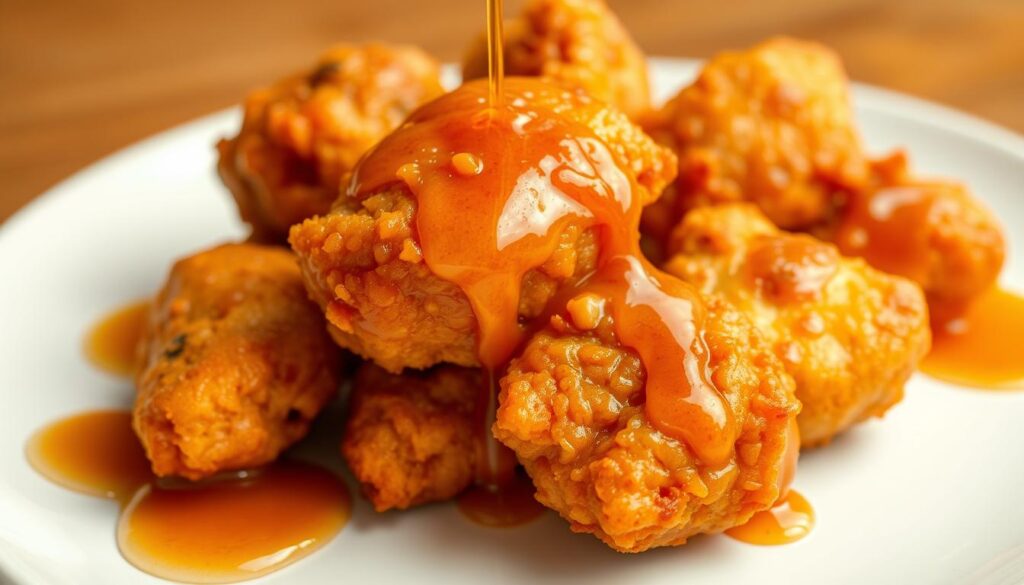 A close-up, high-resolution image of a plate of freshly fried, golden-brown chicken bites, drizzled with a glistening, amber honey butter sauce. The chicken has a crispy, crackly skin that glistens with tiny bubbles of rendered fat. The sauce has a rich, buttery sheen and a mouthwatering, sweet-savory aroma. The plate is set against a clean, minimalist background, with a soft, warm lighting that highlights the succulent textures and vibrant colors of the dish. The overall mood is one of irresistible indulgence and comforting, homemade deliciousness.