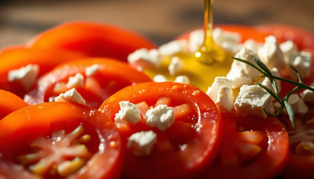 A close-up, macro shot of an artfully arranged composition showcasing the vibrant flavors of tomato and feta. In the foreground, plump, juicy tomato slices in various hues of red and orange, their surfaces glistening with a light sheen. Interspersed between the tomato slices, crumbled feta cheese in pristine white chunks, its creamy texture contrasting with the acidic tomatoes. The middle ground features a drizzle of golden olive oil, adding depth and richness to the scene. The background is blurred, with soft, warm lighting illuminating the ingredients and casting gentle shadows, creating a cozy, intimate atmosphere. The overall composition highlights the harmonious balance of the tomato and feta flavors, inviting the viewer to experience the comforting, savory essence of this culinary delight.