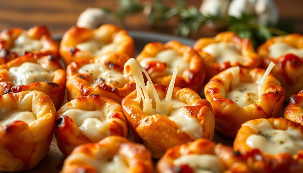 A delectable array of pull-apart pizza bites, freshly baked and oozing with melted mozzarella cheese. The bite-sized morsels are arranged in a tantalizing display, their golden-brown crusts glistening under the warm, soft lighting. The foreground showcases the molten cheese strings stretching invitingly, while the middle ground reveals the flaky, crisp texture of the dough. In the background, a subtle backdrop of herbs and garlic adds depth and aroma, creating an irresistible appetizer that captures the essence of homemade pizza. Photographed from a slightly elevated angle, the image evokes a sense of comfort and indulgence, perfectly complementing the "Why You'll Love This Recipe" section.