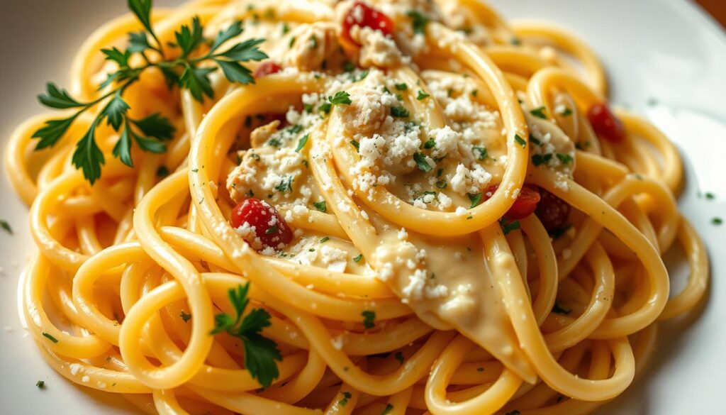 A delicate arrangement of freshly cooked pasta, artfully garnished with vibrant herbs, grated parmesan, and a creamy, luscious alfredo sauce. The pasta is expertly plated, with strands swirling and twisting to create a visually captivating display. Soft, diffused lighting casts a warm, inviting glow, highlighting the rich textures and colors. The scene is captured from a low, angled perspective, emphasizing the intricate details and the mouthwatering appeal of this perfectly prepared Creamy Chicken Alfredo dish.