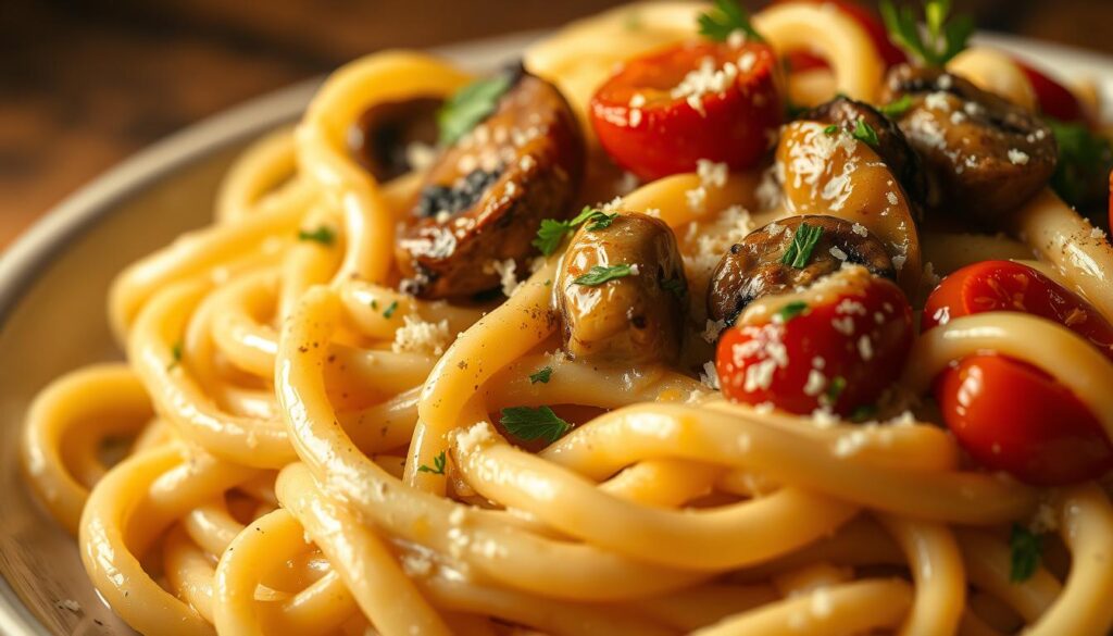 A warm, inviting close-up of a creamy, garlic-infused pasta dish. In the foreground, a swirl of al dente penne pasta, coated in a rich, velvety sauce made with heavy cream, fresh garlic, and grated Parmesan cheese. Specks of freshly ground black pepper and a dusting of finely chopped parsley add depth and flavor. The middle ground features a scattering of sautéed mushrooms and roasted cherry tomatoes, their juices mingling with the sauce. The background is softly blurred, highlighting the dish's comforting, homemade appeal. Lit by soft, golden lighting that casts a cozy glow, the scene evokes a sense of indulgence and pure culinary delight.