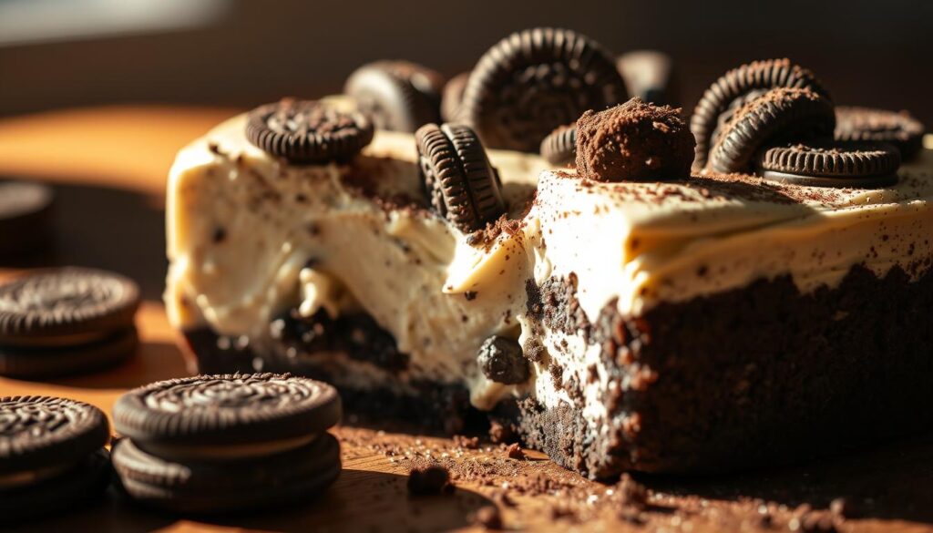 Delicate Oreo crumb crust topped with a creamy, luscious cheesecake filling, garnished with whole Oreo cookies and a dusting of cocoa powder. The scene is lit by warm, soft lighting from the side, creating gentle shadows and highlights that accentuate the dessert's inviting texture and indulgent appearance. The camera angle is slightly elevated, allowing the viewer to appreciate the layers and proportions of this tempting no-bake Oreo treat. The overall mood is one of comfort, sophistication, and an irresistible desire to dive into this delectable homemade dessert.