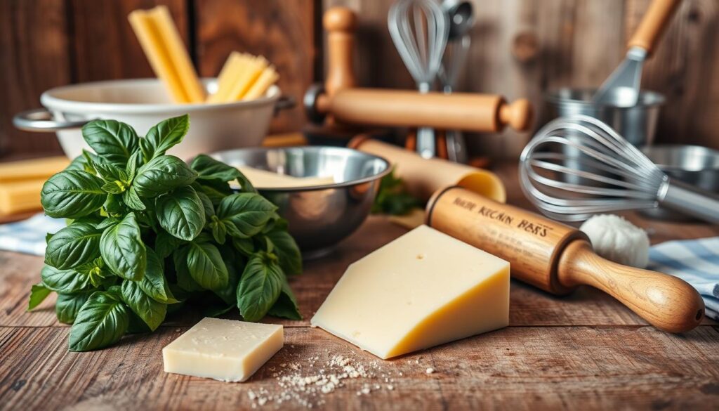 essential kitchen tools for pasta, arranged on a rustic wooden table, with soft, warm lighting highlighting the textures. in the foreground, a bundle of fresh basil, a wedge of parmesan, and a wooden pasta roller. in the middle ground, a colander, a sharp chef's knife, and a set of measuring spoons. in the background, a rolling pin, a wire whisk, and a set of metal bowls. the scene conveys a cozy, inviting atmosphere, perfect for preparing a delicious homemade pasta dish.